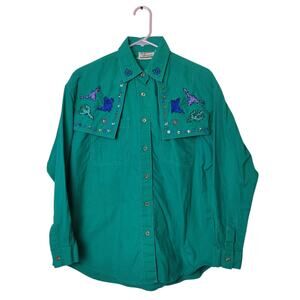 Vintage Tillman Cactus Embroidered Large Western Button Up Shirt Green Cowgirl